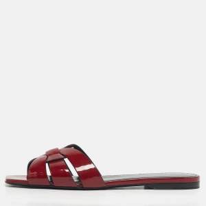 Pre Owned Saint Laurent Size 38.5 Red Patent Leather Flat Slides 