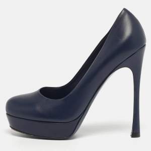 Pre Owned Saint Laurent Tribtoo Size 38.5 Navy Blue Leather Platform Pumps