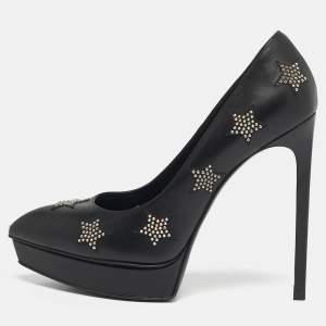 Pre Owned Saint Laurent Paris Janis Size 37.5 Black Leather Studded  Pumps