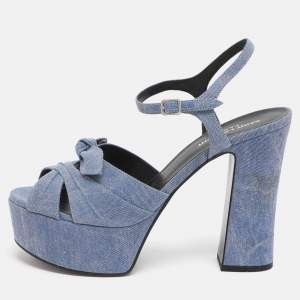 Pre Owned Saint Laurent Paris Candy Size 39.5 Blue Denim Ankle Strap Platform Sandals