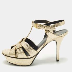 Pre Owned Saint Laurent Tribute Size 36 Gold Lizard Embossed Leather Platform Sandals