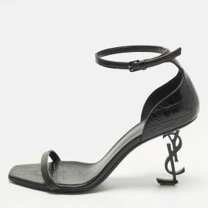 Pre Owned Saint Laurent Opyum Size 39.5 Black Croc Embossed Leather Ankle Strap Sandals