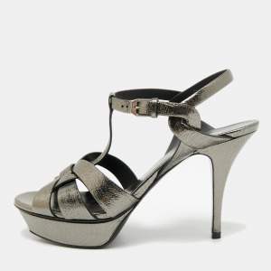 Pre Owned Saint Laurent Tribute Size 41.5 Metallic Leather Ankle Strap Sandals