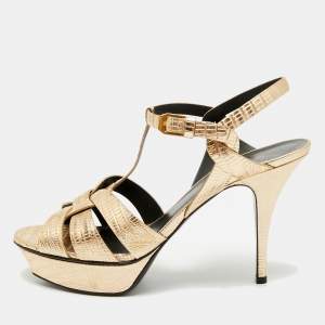 Pre Owned Saint Laurent Tribute Size 41 Gold Lizard Embossed Leather Ankle Strap Sandals