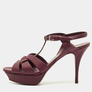 Pre Owned Saint Laurent Tribute Size 41.5 Burgundy Leather Ankle Strap Sandals