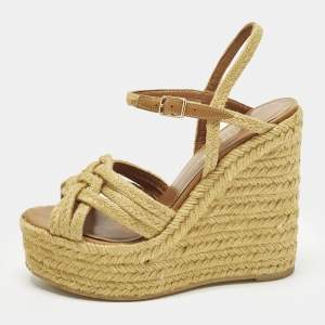 Pre Owned Saint Laurent Size 36.5 Beige Braided Jute Platform Wedge Ankle Strap Sandals 