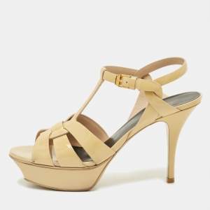 Pre Owned Saint Laurent Tribute Size 38 Cream Patent Leather Platform Sandals