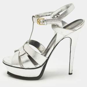 مملوكة مسبقًا Saint Laurent Tribute Size 37 Silver Leather Platform Sandals