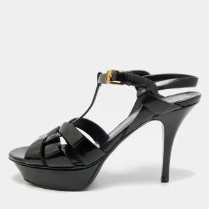 مملوكة مسبقًا Saint Laurent Tribute Size 37.5 Blue Patent Leather Ankle Strap Sandals