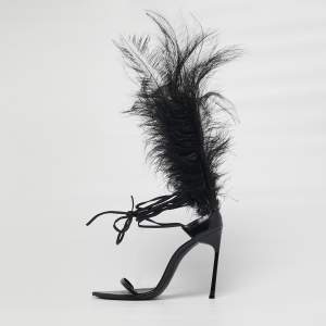 Pre Owned Saint Laurent iris Size 39 Black Feather and Leather Sandals