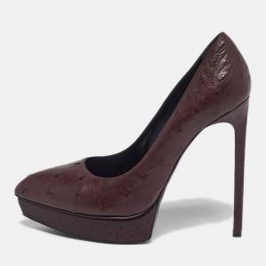 Pre Owned Saint Laurent Tribtoo Size 38 Brown Ostrich Leather Platform Pumps