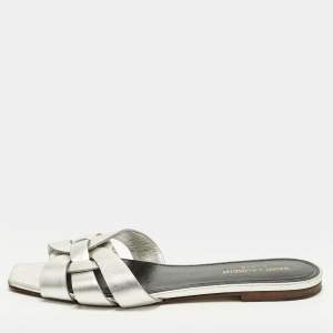 Pre Owned Saint Laurent Tribute Size 39 Silver Leather Flat Slide