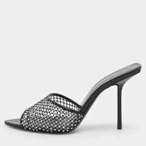 مملوكة مسبقًا Saint Laurent Crystal Embellished Size 38 Black Mesh and PVC Slide Sandals