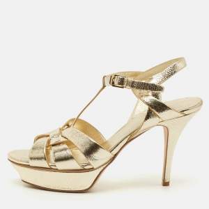 Pre Owned Saint Laurent Tribute Size 41 Gold Leather Platform Sandals