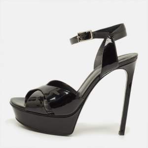 Pre Owned Saint Laurent Bianca Size 37 Black Patent Leather Ankle Strap Sandals