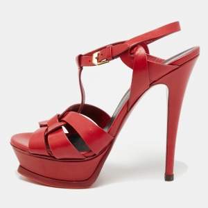 Pre Owned Saint Laurent Tribute Size 38.5 Red Leather Platform Sandals