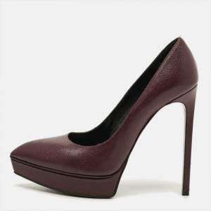 Pre Owned Saint Laurent Janis Size 38 Burgundy Leather Platform Pumps