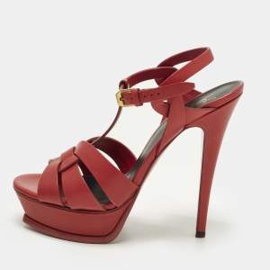 مملوكة مسبقًا Saint Laurent Tribute Size 39 Red Leather Ankle Strap Sandals