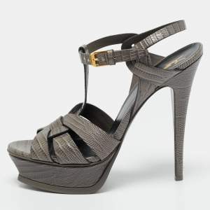Pre Owned Saint Laurent Tribute Size 39 Grey Lizard Embossed Leather Platform Sandals