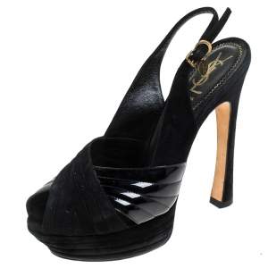 Saint Laurent Paris Black Criss Cross Suede and Patent Leather Slingback Platform Sandals Size 40