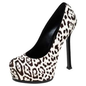 Pre Owned Saint Laurent Paris White Leopard Print Calf Hair Tribtoo Platform Pumps Size 36