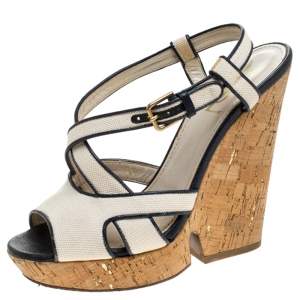 مملوكة مسبقًا Yves Saint Laurent White/Blue Canvas Deauville Cork Wedge Slingback Sandals Size 39