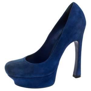 Saint Laurent Paris Blue Suede Palais Platform Pumps Size 38.5