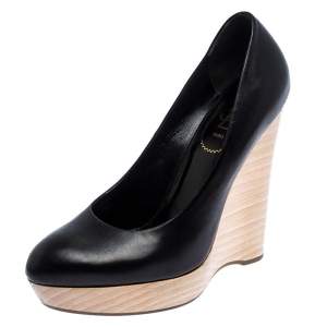 Saint Laurent Paris Black Leather Maryna Wedge Pumps Size 39.5