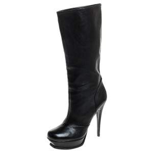 Pre Owned Saint Laurent Paris Black Leather Tribute Mid Calf Boots Size 40