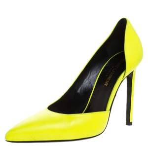 مملوكة مسبقًا Saint Laurent Paris Neon Green Leather D'orsay Pointed Toe Pumps Size 37