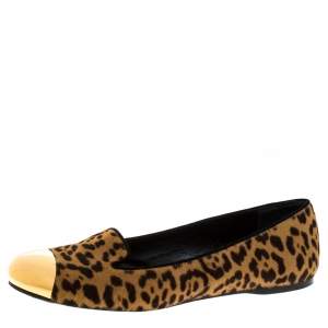 مملوكة مسبقًا Saint Laurent Leopard Print Pony Hair Metal Cap Toe Smoking Slipper Size 40