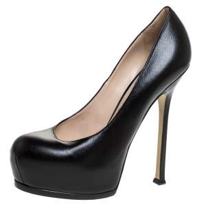 Pre Owned حذاء كعب عالي سان لوران نعل سميك Tribute جلد أسود مقاس 39.5