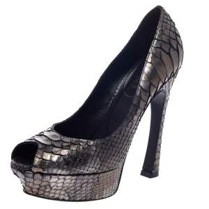 Pre Owned Saint Laurent Paris Metallic Grey Python Leather Palais Peep Toe Platform Pumps Size 39
