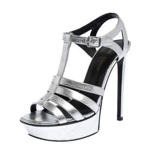 Pre Owned Saint Laurent Paris Silver Leather Strappy Platform Sandals Size 37