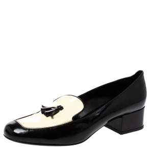 Saint Laurent Black/White Patent Leather Babies Tassel Loafers Size 38