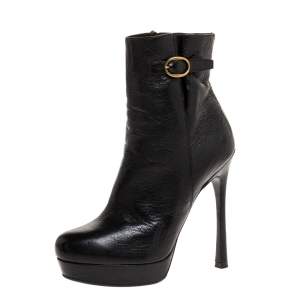 Pre Owned Saint Laurent Paris Black Leather Platform Ankle Boots Size 39