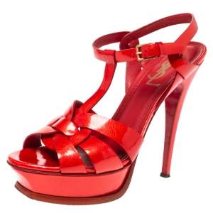 Pre Owned Saint Laurent Paris Red Textured Patent Leather Tribute Platform Sandals Size 37.5