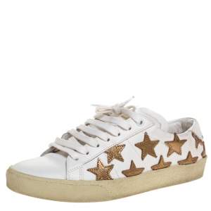 Pre Owned Saint Laurent Paris White/Gold Leather Star Alpha Low Top Sneakers Size 36