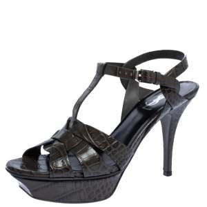 Pre Owned Saint Laurent Paris Dark Grey Croc Embossed Leather Tribute Sandals Size 38.5