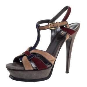 Pre Owned Saint Laurent Paris Multicolor Suede Tribute Platform Sandals Size 38
