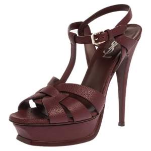 مملوكة مسبقًا صندل سان لوران باريس "تريبوت" نعل سميك جلد منقوش عنابي مقاس 39