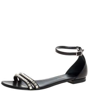 Pre Owned Saint Laurent Paris Black Leather Studded Ankle Strap Flats Size 36