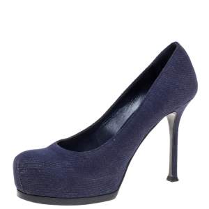 Pre Owned حذاء كعب عالي سان لوران باريش قماش دينم تريبتو نعل سميك مقاس 37.5