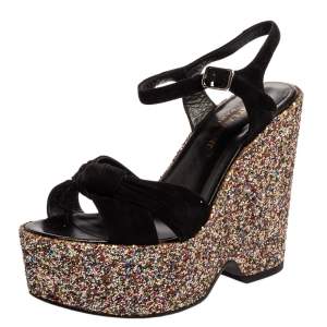 مملوكة مسبقًا Saint Laurent Black Suede and Coarse Glitter Wedge Platform Sandals Size 36.5
