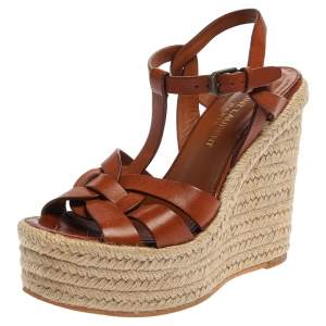 مملوكة مسبقًا Saint Laurent Paris Brown Leather Tribute Espadrille Platform Wedge Sandals Size 35