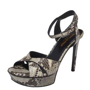 Pre Owned Saint Laurent Paris Black/Beige Python Embossed Leather Bianca Platform Sandals Size 38