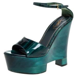 مملوكة مسبقًا Saint Laurent Two Tone Patent Leather Wedge Ankle Strap Platform Sandals Size 38
