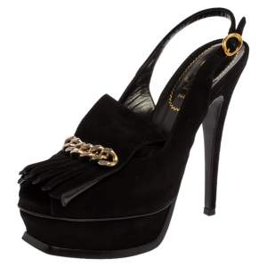 مملوكة مسبقًا Saint Laurent Paris Black Suede Leather Tribute Fringe Chain Detail Platform Slingback Sandals Size 36