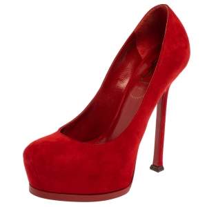 مملوكة مسبقًا Saint Laurent Paris Red Suede Leather Tribtoo Platform Pumps Size 35