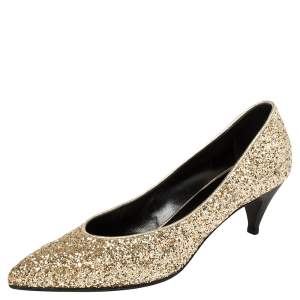 Pre Owned Saint Laurent Gold Glitter Charlotte Pumps Size 37.5